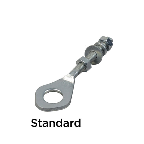 Close-up of an ATV & Dirt Bike Chain Adjuster with a screw and nut, showcasing the M6 standard and M8 heavy duty thread options for chain tension adjustment.