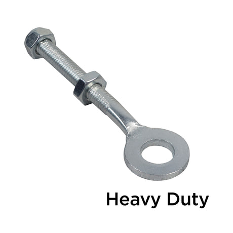 ATV & Dirt Bike Chain Adjuster (13mm ID, M6 Standard & M8 Heavy Duty Thread) featuring a silver bolt and nut assembly designed for adjusting chain tension on ATVs and dirt bikes.