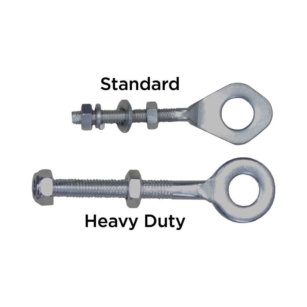 Close-up of ATV & Dirt Bike Chain Adjuster with bolt and nut, suitable for 50cc to 70cc and larger models, featuring a beefy 8 mm diameter shank and M6/M8 threading.