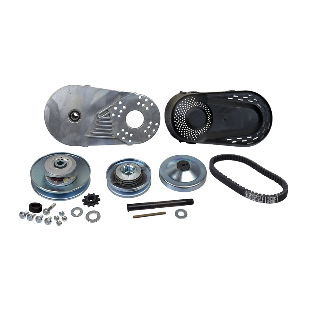 6.5 HP Mini Bike Engine & Torque Converter Kit with 420 Chain; close-up of machine parts including black plastic cover, metal pieces with holes, and a pulley for custom mini bike projects.