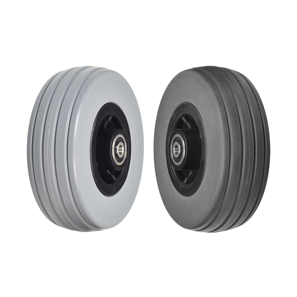 6x2 Front and Rear Caster Wheel for the Quantum Q6 Edge & Q6000Z, featuring a close-up of a black and silver wheel with a black rubber tire, complete with bearings and spacer.