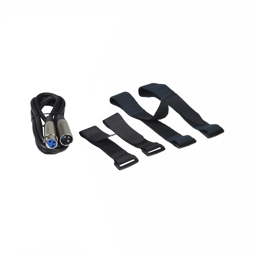 XLR Charging Cord Extension Kit featuring a 6' black cable with male and female connectors, and four black hook and loop straps for secure attachment.