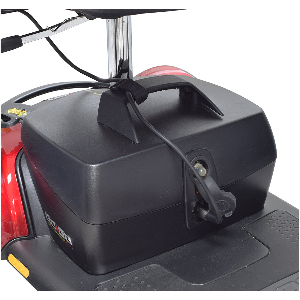 XLR Charging Cord Extension Kit attached to a red scooter, showing the black box and handle with the cord wrapped neatly around the seat post.