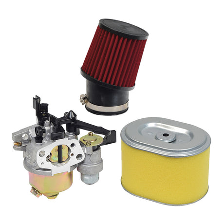 Carburetor with 24 mm Air Intake for the Falcon 200 196cc Mini Bike, featuring a cylindrical metal body, red filter, manual choke, and fuel shut off valve.