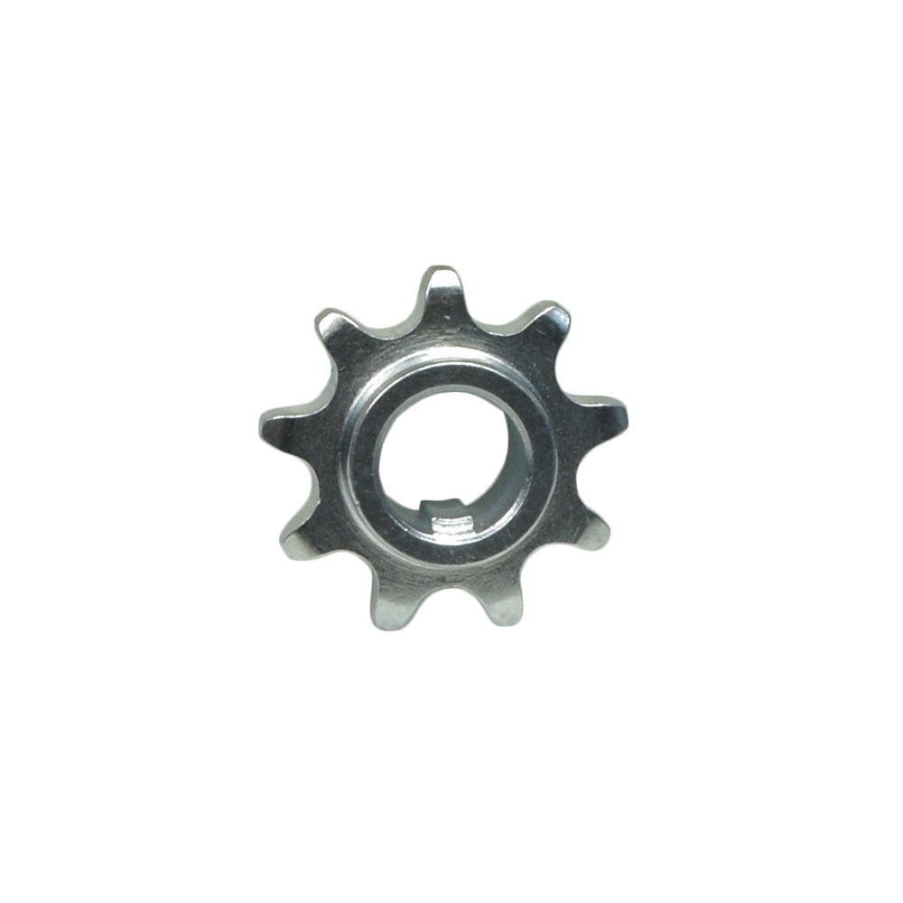 Close-up of a 9 Tooth Jackshaft Sprocket for #40/#41/420 Chain (5/8 Inside Diameter) showing its metal teeth and central bore, highlighting its precision engineering for mini bikes and go-karts.