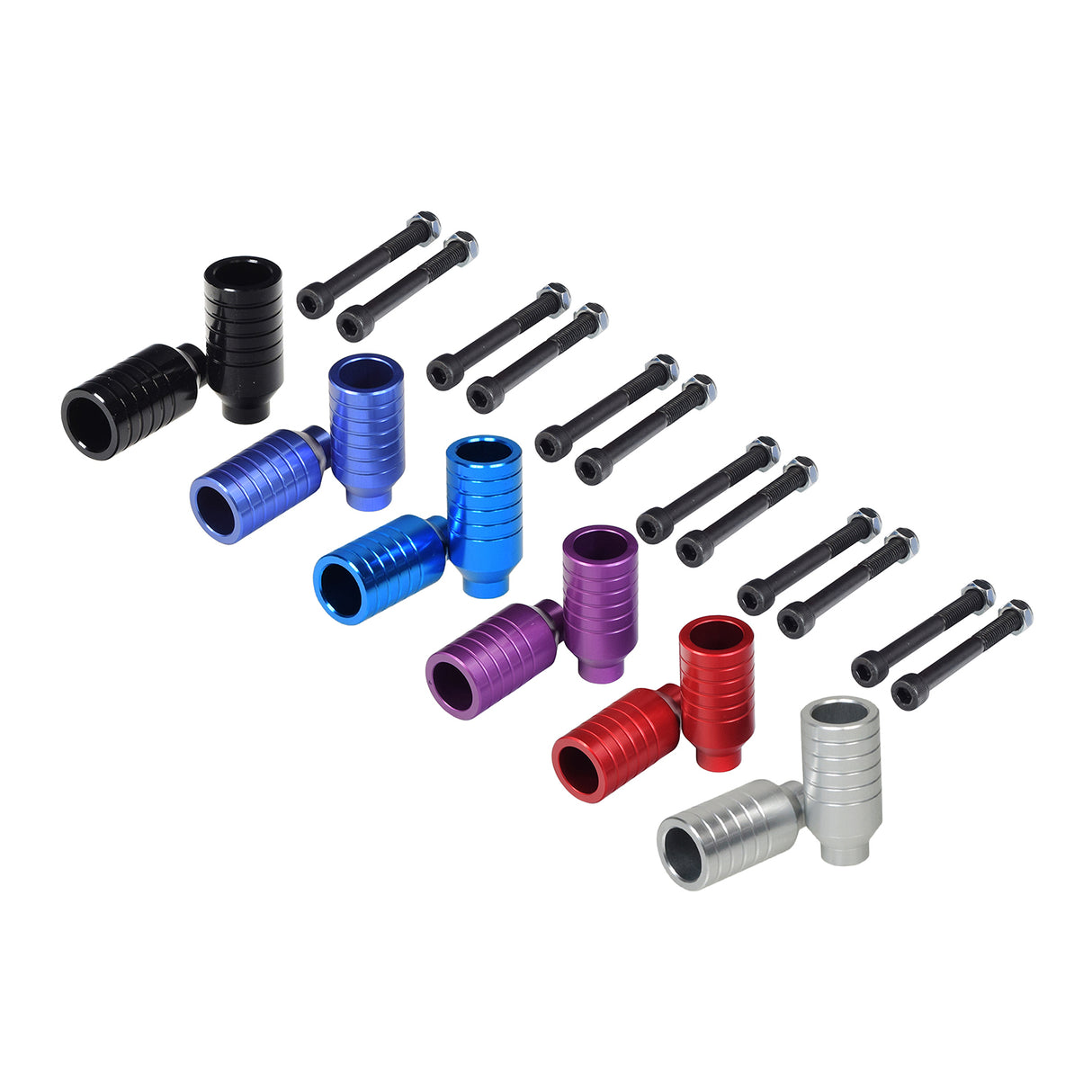 Kick Scooter Stunt Pegs & Axle Bolts (Set of 2) displayed with various colored metal cylinders, showcasing their design and build quality suitable for pro and freestyle scooters.