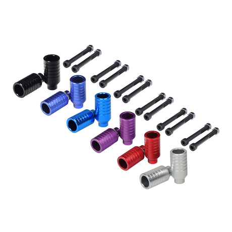 Kick Scooter Stunt Pegs & Axle Bolts (Set of 2) displayed with various colored metal cylinders, showcasing their design and build quality suitable for pro and freestyle scooters.