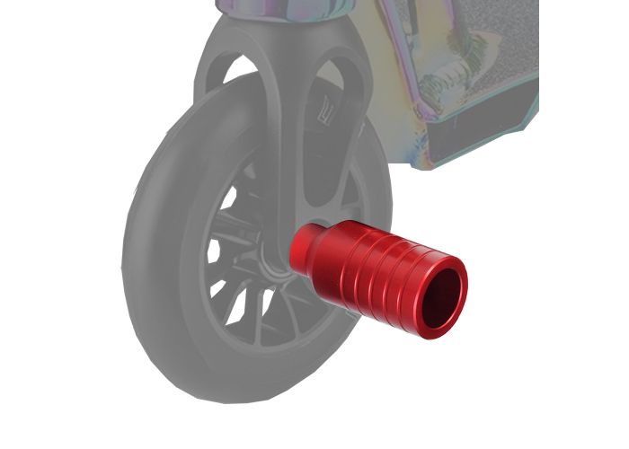 Patriotic Kick Scooter Stunt Pegs & Axle Bolts (Set of 2) attached to a wheel, with a red tool visible nearby.