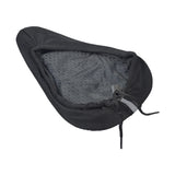 Gel Seat Cover for Bicycles featuring a black, soft, and cushiony Lycra nylon surface with a drawstring for a secure fit and a reflective strip at the rear for added safety.