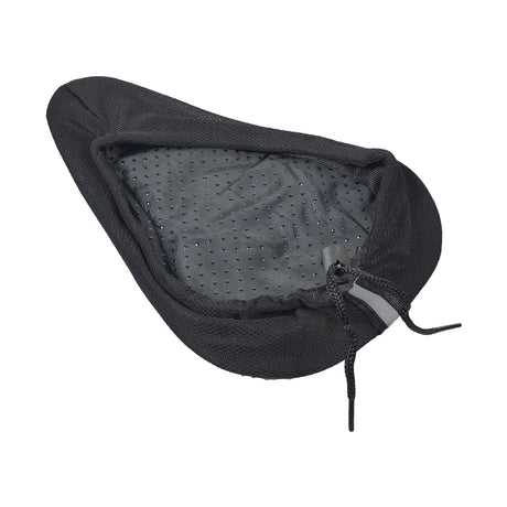 Gel Seat Cover for Bicycles featuring a black, soft, and cushiony Lycra nylon surface with a drawstring for a secure fit and a reflective strip at the rear for added safety.