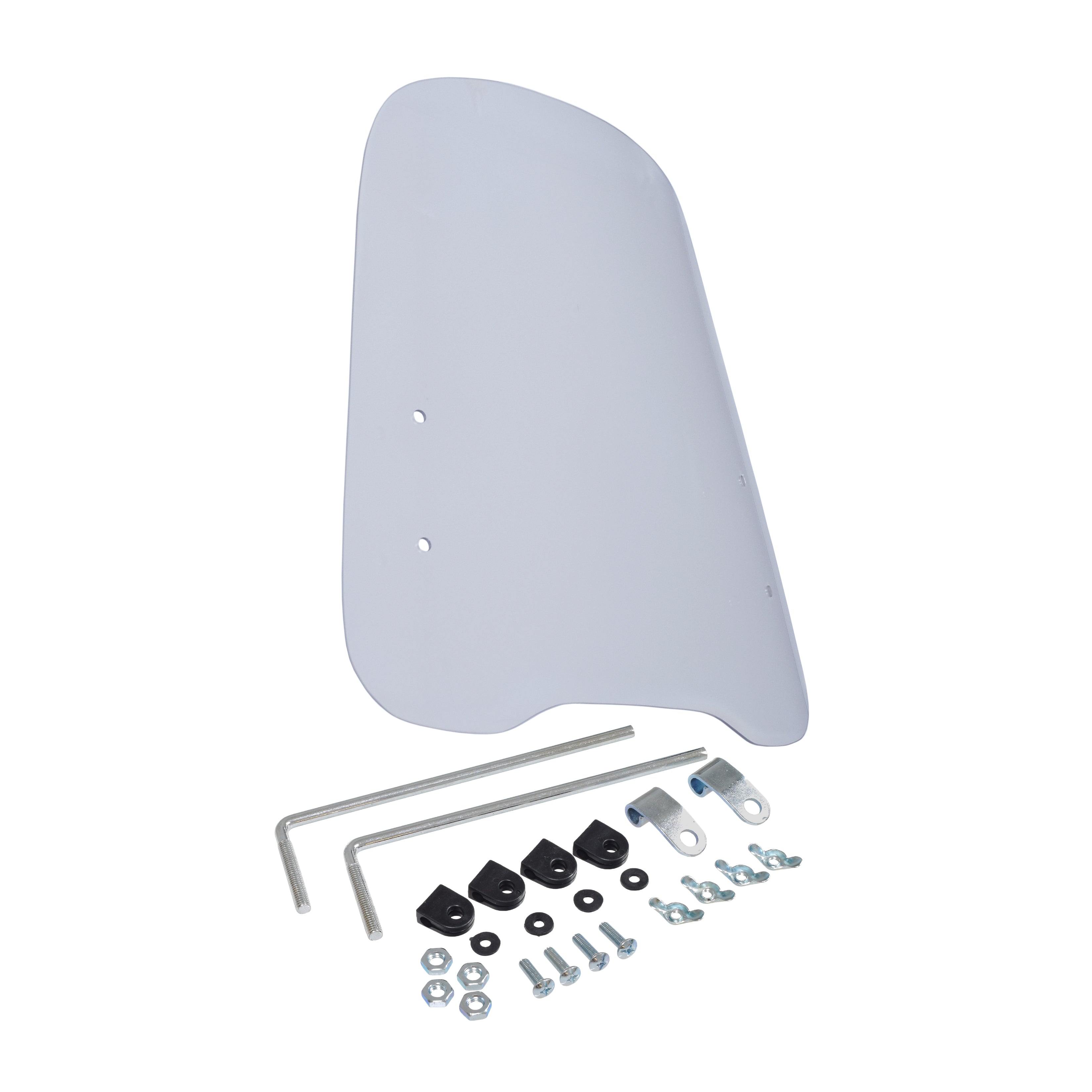 Universal Scooter Windshield with white plastic body and metal hardware, including screws and bolts, designed to fit various scooter models, enhancing rider comfort and safety against debris and insects.