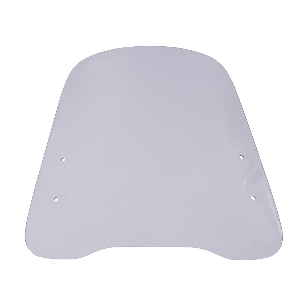 Universal Scooter Windshield, a white plastic windshield with mounting holes, designed to enhance rider comfort and safety by providing an extra barrier against road debris and insects.