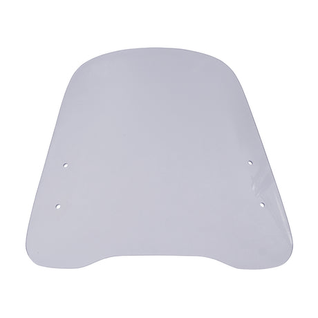 Universal Scooter Windshield, a white plastic windshield with mounting holes, designed to enhance rider comfort and safety by providing an extra barrier against road debris and insects.