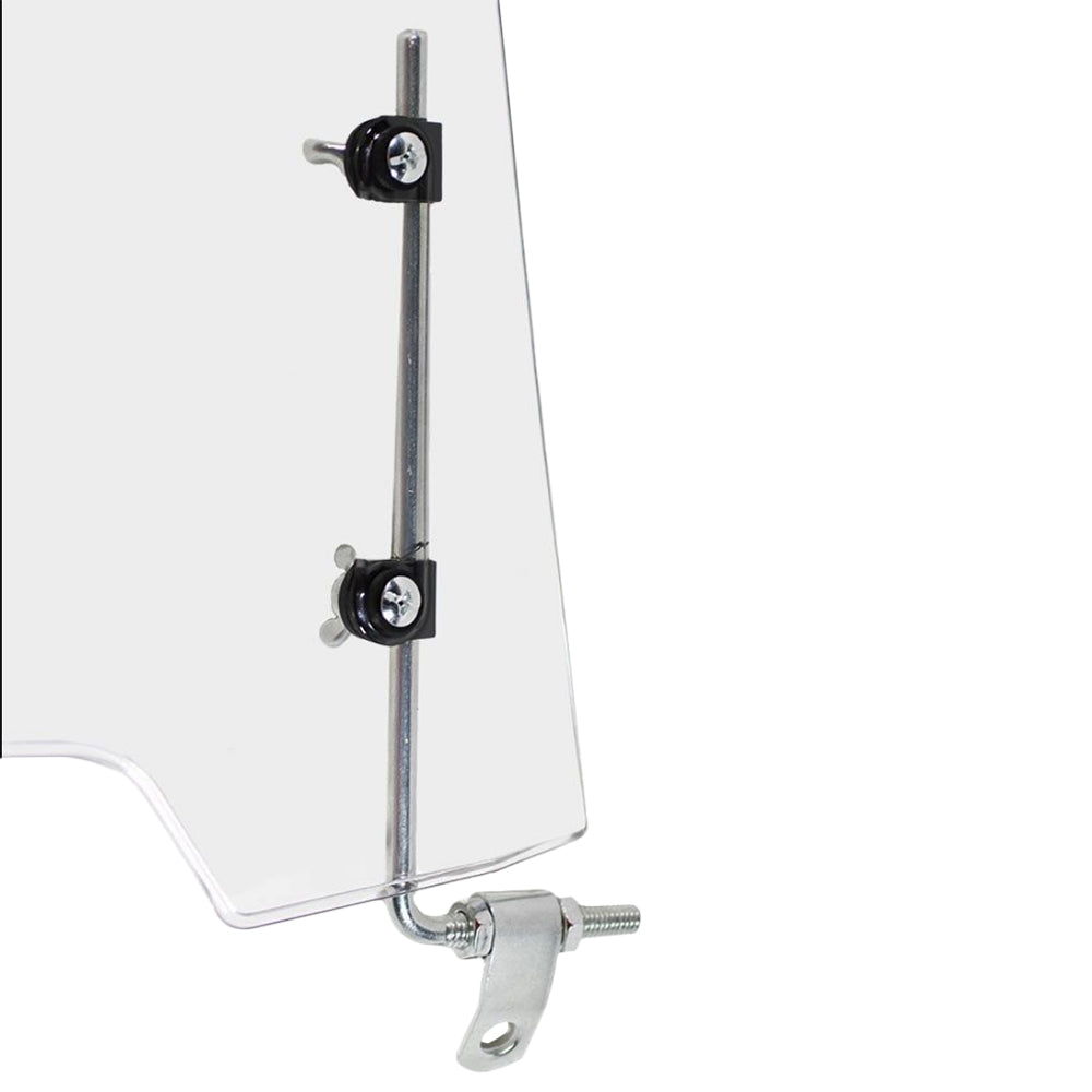 Universal Scooter Windshield, clear with black screws, mounted on a stand, designed to enhance rider comfort and safety by providing a barrier against road debris and insects.