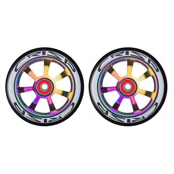 Close-up of the 110 mm Crisp Hollowtech Kick Scooter Wheels (Set of 2) featuring a colorful, two-tone rim design. The wheels include pre-installed ABEC 9 bearings and are made of durable 88A urethane.