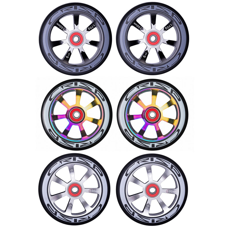 Set of 2, 110 mm Crisp Hollowtech Kick Scooter Wheels with pre-installed ABEC 9 bearings, featuring distinctive two-tone rims and durable 88A urethane tires.