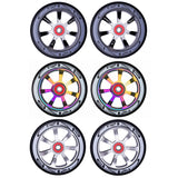 Set of 2, 110 mm Crisp Hollowtech Kick Scooter Wheels with pre-installed ABEC 9 bearings, featuring distinctive two-tone rims and durable 88A urethane tires.