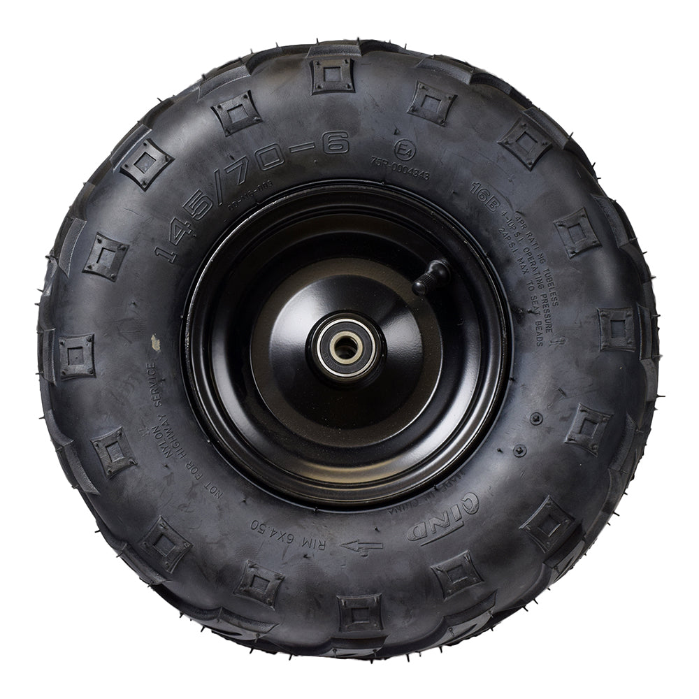 145/70-6 Front Wheel Assembly for the Coleman RB100 105cc Mini Bike, featuring a V-tread tire and spokeless rim designed for optimal control on rugged terrains.