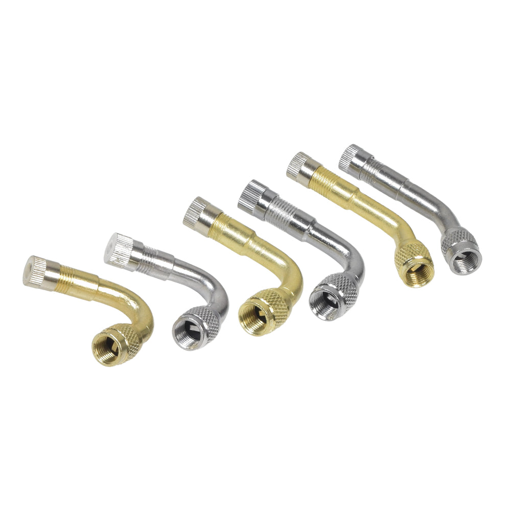 Angled Valve Stem Extender 3-Pack: Close-up of metal extenders for Schrader valves, including 45, 90, and 135-degree angles, displayed among various metal fittings and tools.