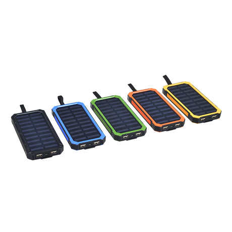 Portable Dual USB Battery Power Bank/Charger with a built-in solar panel, showing dual USB ports and compact design, arranged in a row with close-up views of solar panels and USB ports.