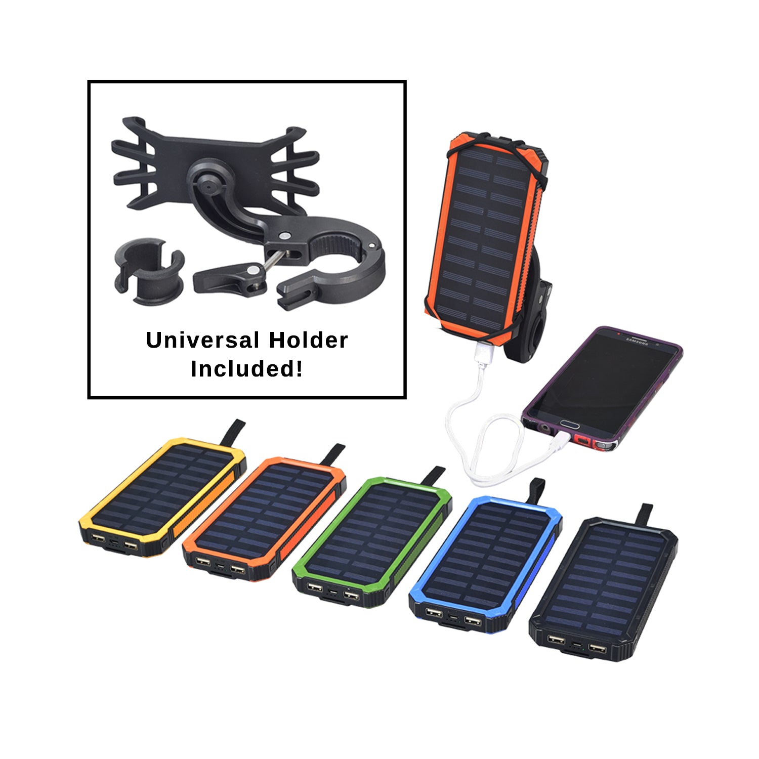 Portable Dual USB Battery Power Bank/Charger & Universal Grip Holder set showing a solar-powered battery pack with dual USB ports and an adjustable grip holder mounted on a bike handlebar.