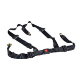 4-Strap Seat Belt for 150cc-250cc Go-Karts & Dune Buggies featuring a black strap with a red push-button release, designed for enhanced safety with a strong 3-point attachment system.