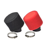 37 mm - 38 mm Angled Foam Air Filter for 125cc-150cc ATVs, Dirt Bikes, & Pit Bikes, showing a cylindrical black foam with a red center, attached to a hose clamp.