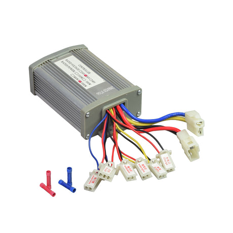 36 Volt 1000 Watt Controller for Monster Moto/MM-E1000, featuring multiple colored wires and connectors for battery, motor, charger, lock, throttle, brake, brake light, and pilot lamp.