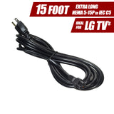 15 Foot Extra Long AC Power Cord Cable (NEMA 5-15P to IEC C5) for LG TV, featuring a black cable with a 3-hole cloverleaf connector and a standard plug for easy wall outlet access.