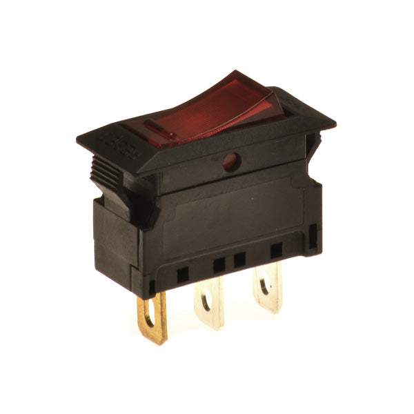 On/Off Switch with Light Indicator for the Pulse EM-1000, RF-200, & Street Cruiser E-Motorcycle, close-up showing the illuminated red light and three 1/4 terminal connections on the backside housing.