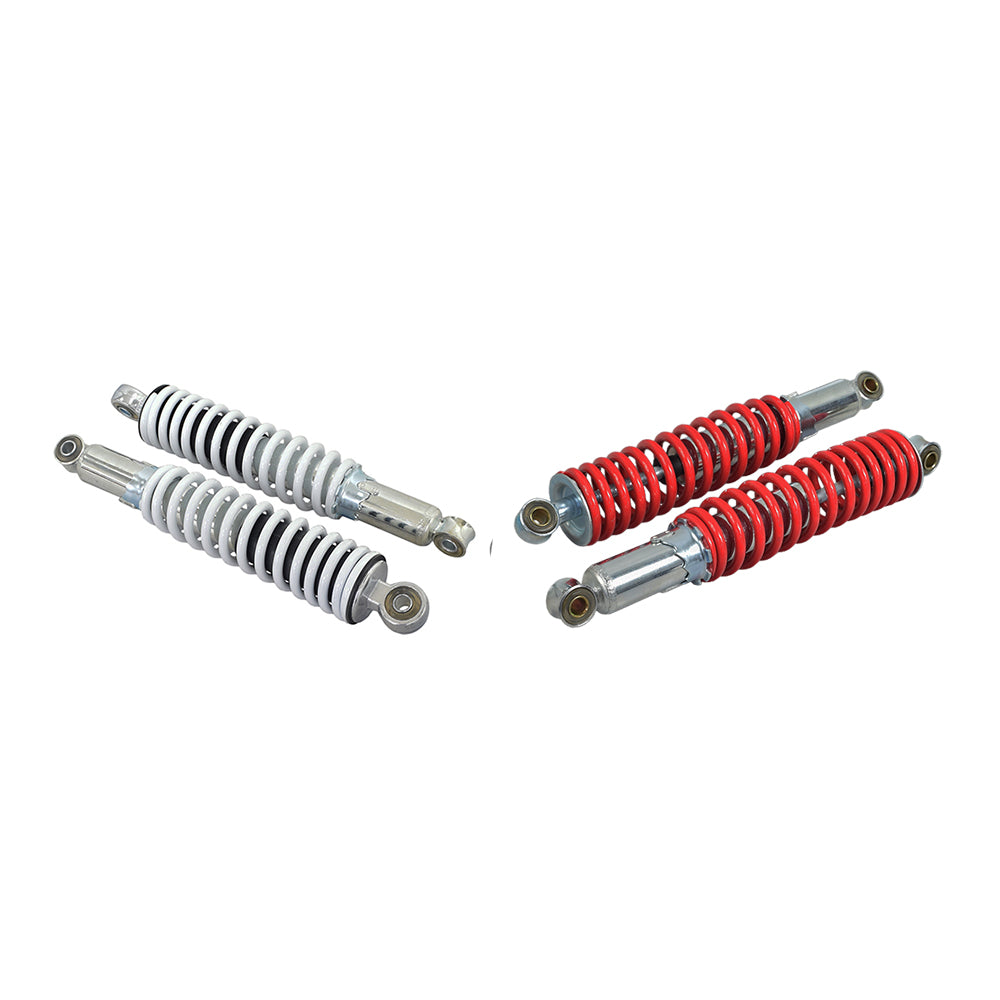 12 Adjustable Shocks for Go-Karts & Mini Bikes (Set of 2) featuring red coil springs and metal mounting eyes, ideal for replacing worn shocks to ensure a smoother ride.