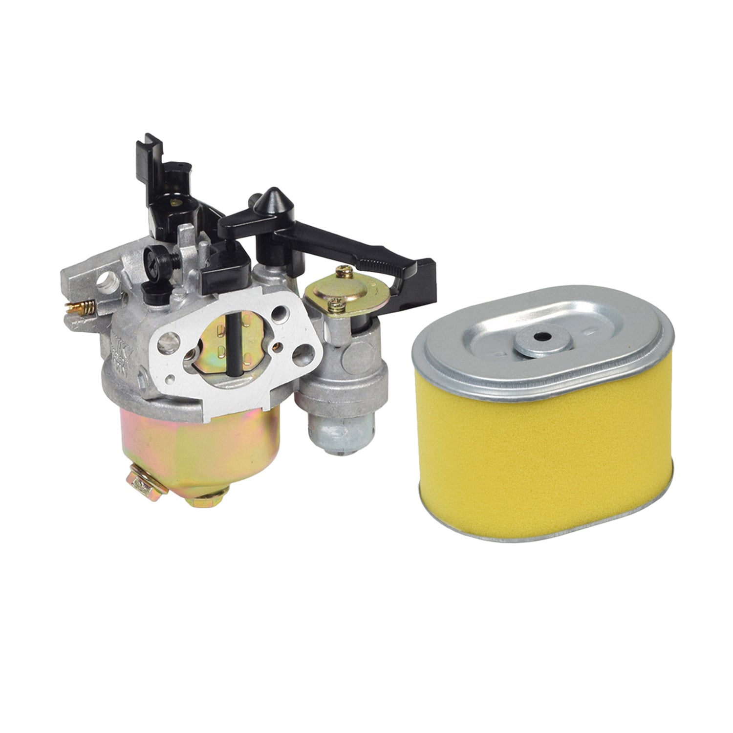 Carburetor with 24 mm Air Intake & Water Trap for the Realtree RT200 196cc Mini Bike, showcasing a metal cylinder with a manual choke, fuel shut off valve, and visible water trap reservoir.