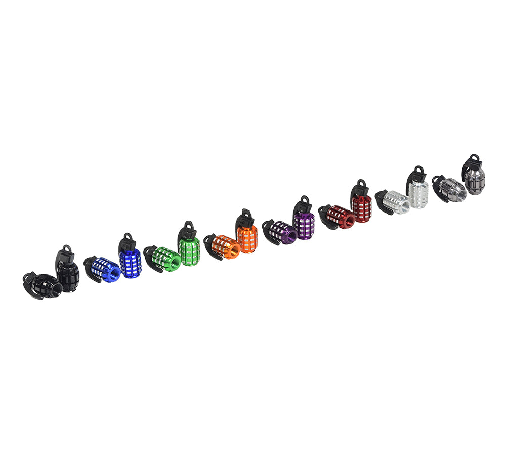 Grenade Valve Stem Cap Set (Set of 2) featuring colorful grenade-shaped caps with a knurled texture, ideal for adding flair and grip to bike or scooter Schrader valves.