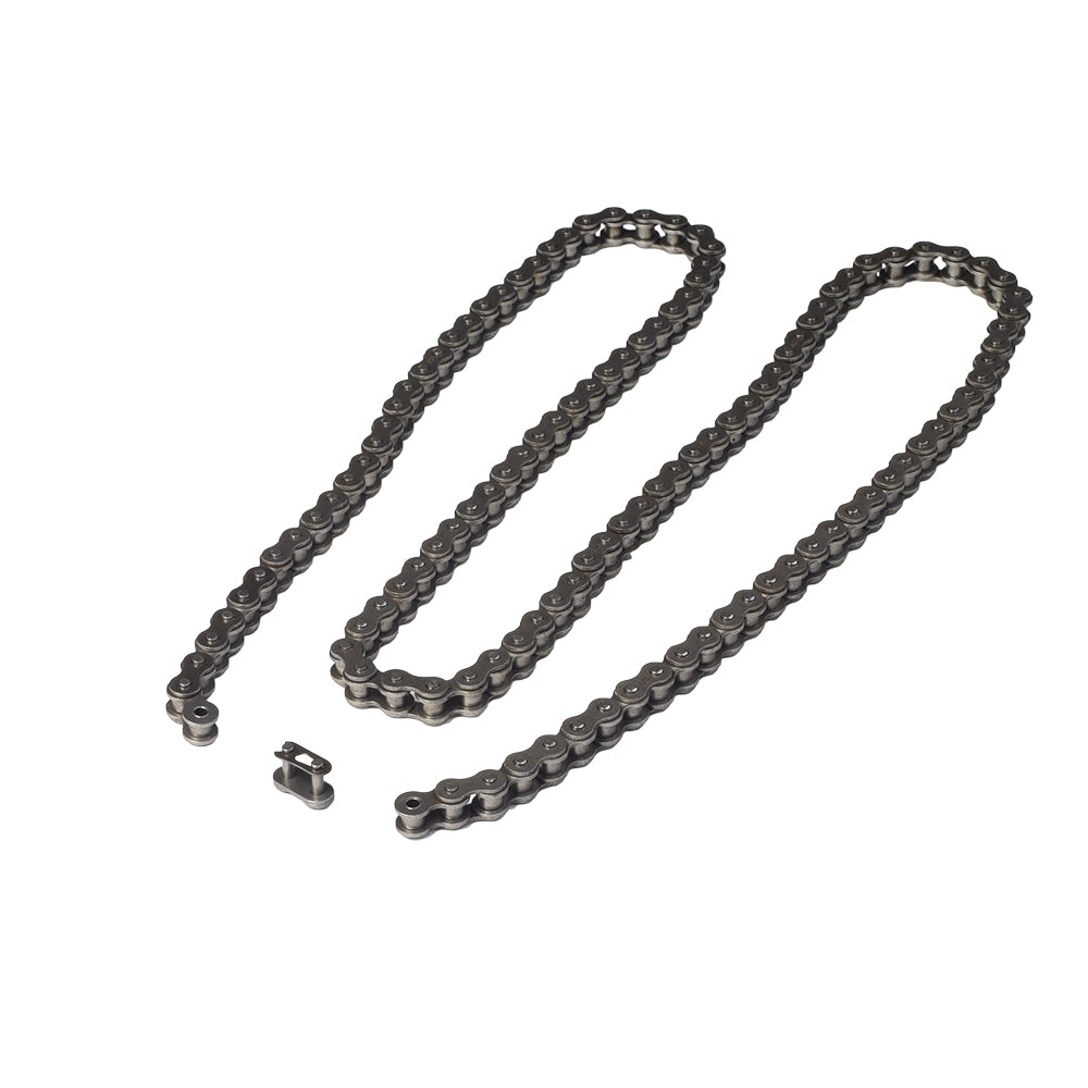 Clutch Assembly, Chain Sprocket, & #420 Open Loop Chain Set for Go-Karts & Mini Bikes displayed with a metal chain and screws on a white background.