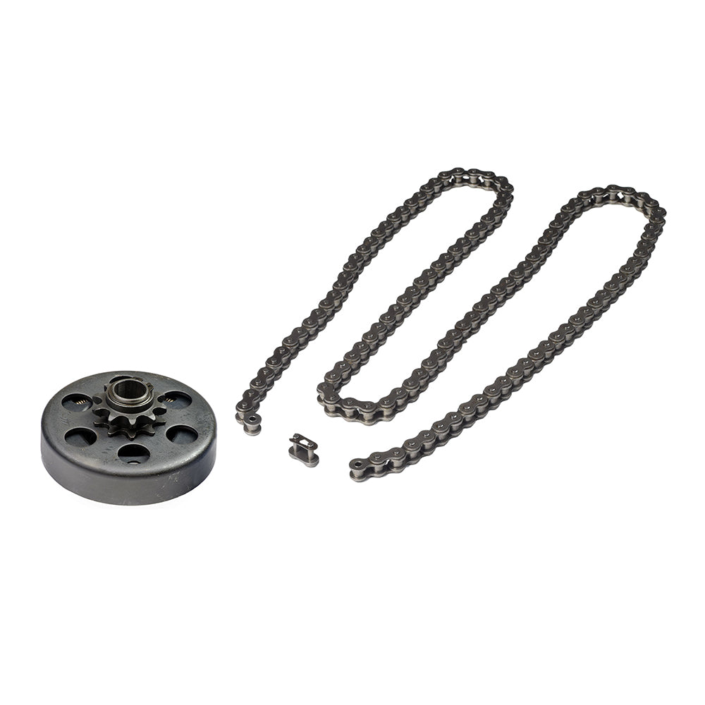 Clutch Assembly, Chain Sprocket, & #420 Open Loop Chain Set for Go-Karts & Mini Bikes featuring a visible gear and chain on a white background.