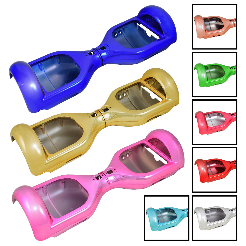 Metallic Color Body Panel Set for Self Balancing Hoverboards, featuring chrome-like, polished upper and lower panels designed to replace old or damaged parts, enhancing the hoverboard's aesthetic appeal and durability.