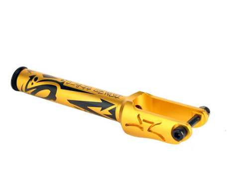 AO Graffiti Fork for Kick Scooters with a yellow and black handle, featuring black designs and a metal construction.