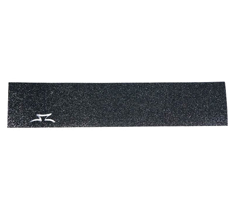 AO Graffiti DyeCut Grip Tape featuring a black rectangular surface with a white die-cut logo, revealing the scooter deck color beneath. Provides superior grip for enhanced kick scooter control.