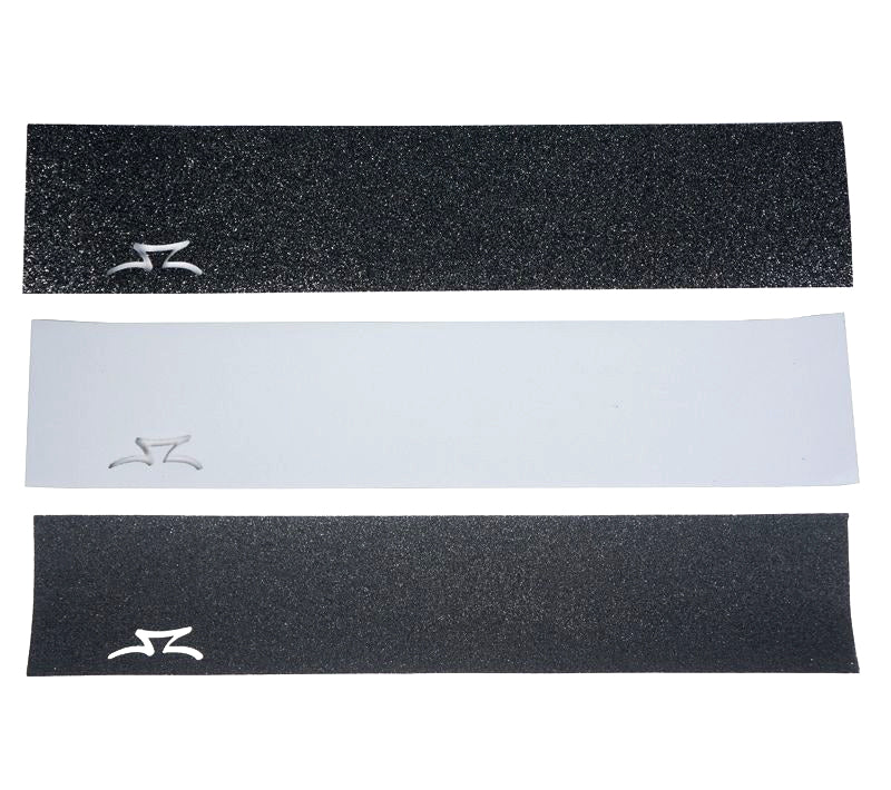 AO Graffiti DyeCut Grip Tape featuring a die-cut logo revealing the scooter deck beneath, shown in black and white. The grippy surface enhances kick scooter control. Panels measure 23 long by 5.2 wide.