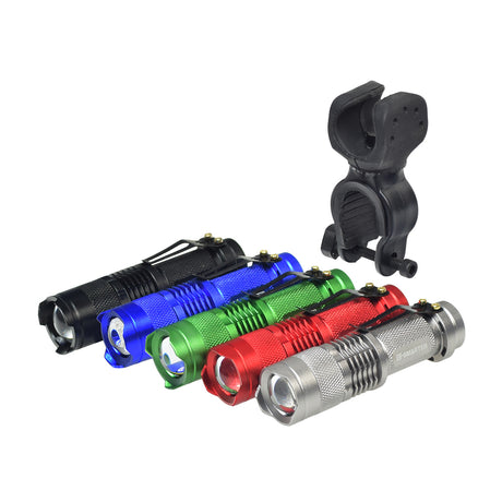 Cree Q5 UltraFire Aluminum LED Handlebar Light for Bikes & Scooters, shown in a group with clips, featuring removable, machined aluminum cases and available in various colors.