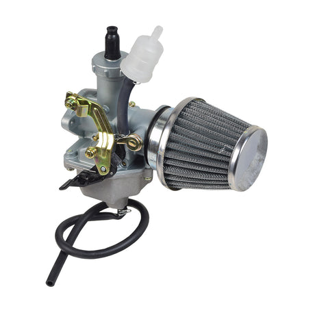 PZ27 Carburetor with 27 mm Intake & Cable Choke for 125cc, 150cc, & 200cc ATVs & Dirt Bikes, shown with a matching black hose air filter on a white background.