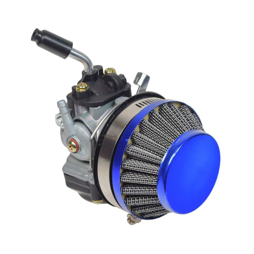 High Performance Carburetor for 48cc - 80cc 2-Stroke Bicycle Engine Kits featuring a close-up of a car air filter with a blue cap and an internal canister filter under a black plastic shroud.