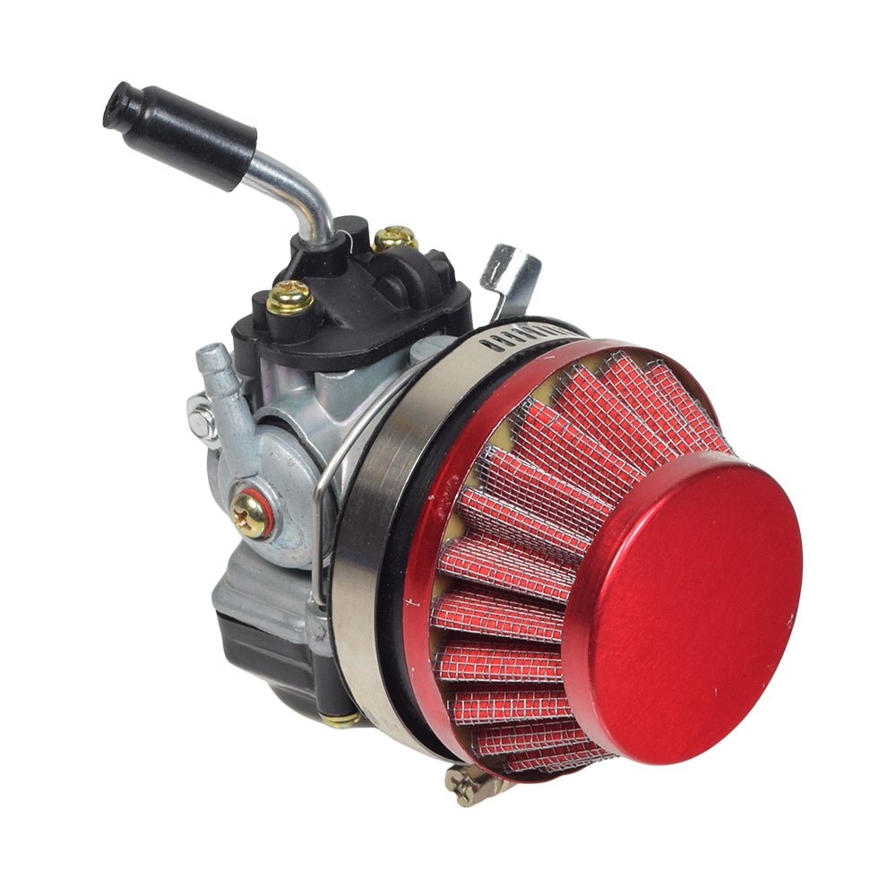 High Performance Carburetor for 48cc - 80cc 2-Stroke Bicycle Engine Kits, featuring a red-capped air filter, partially visible black plastic shroud, and silver components.