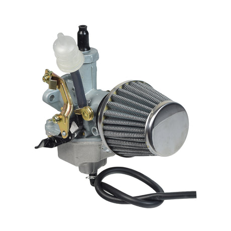 PZ26 Carburetor for 125cc - 150cc Scooter, ATV, & Dirt Bikes with 26 mm Intake & Cable Choke, shown with a black hose and close-up of air filter.