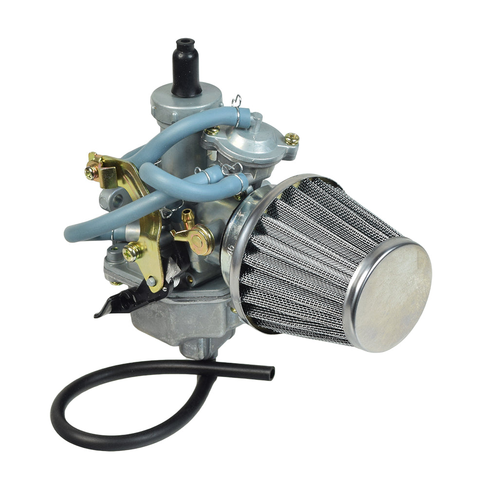 PZ27D Carburetor with 27 mm Intake, Air Cut-Off Valve, and Left Hand Cable Choke for Honda CRF150F Dirt Bikes, shown with a matching air filter and black hose.