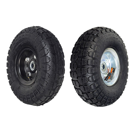 10 Pneumatic Tire Utility Wheel Assembly for Dollies, Wagons, & Carts; close-up of a black tire with knobby tread on a heavy-duty steel hub, with pre-installed ball bearings.