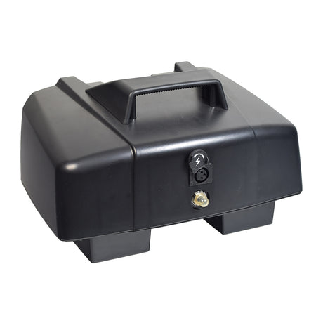 Standard Battery Box for the Golden Buzzaround LT (GB107D) mobility scooter, featuring a black rectangular design with a handle, visible power outlet, and plug socket, essential for easy disassembly and transport.