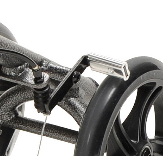 Close-up of the Wheel Lock for the Drive Medical DV8 Steerable Knee Walker, highlighting a sturdy metal frame and a black tire, designed as a replacement brake unit for either side.