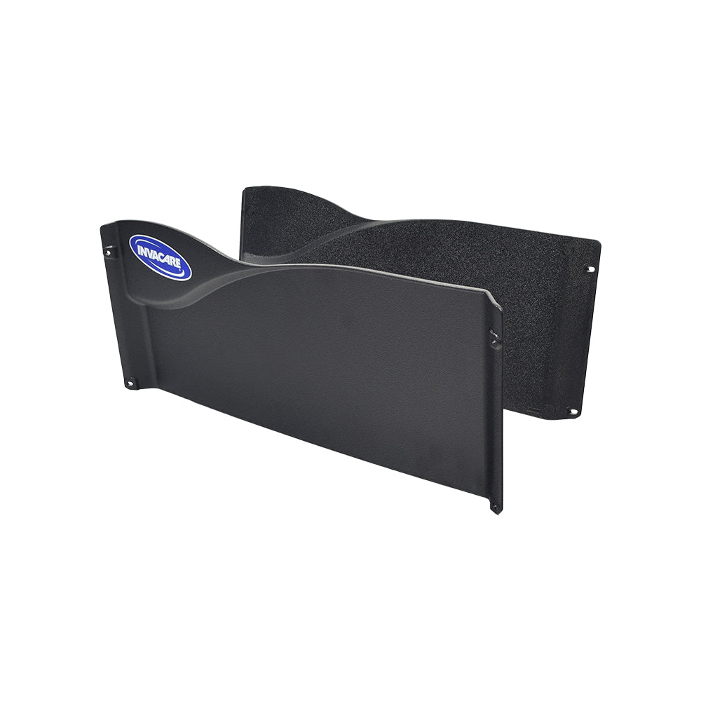 Full Length Clothing Guard Set for Invacare Patriot, Tracer, & 9000 Series Wheelchairs (Blemished) – black plastic shield with blue logo, minor scratches, and scuffs, designed to mount under armrest pads.