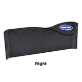 Full Length Clothing Guard for Invacare Tracer & 9000 Series Wheelchairs, a black plastic shield with a blue label, designed to mount under armrest pads for rider and clothing protection.